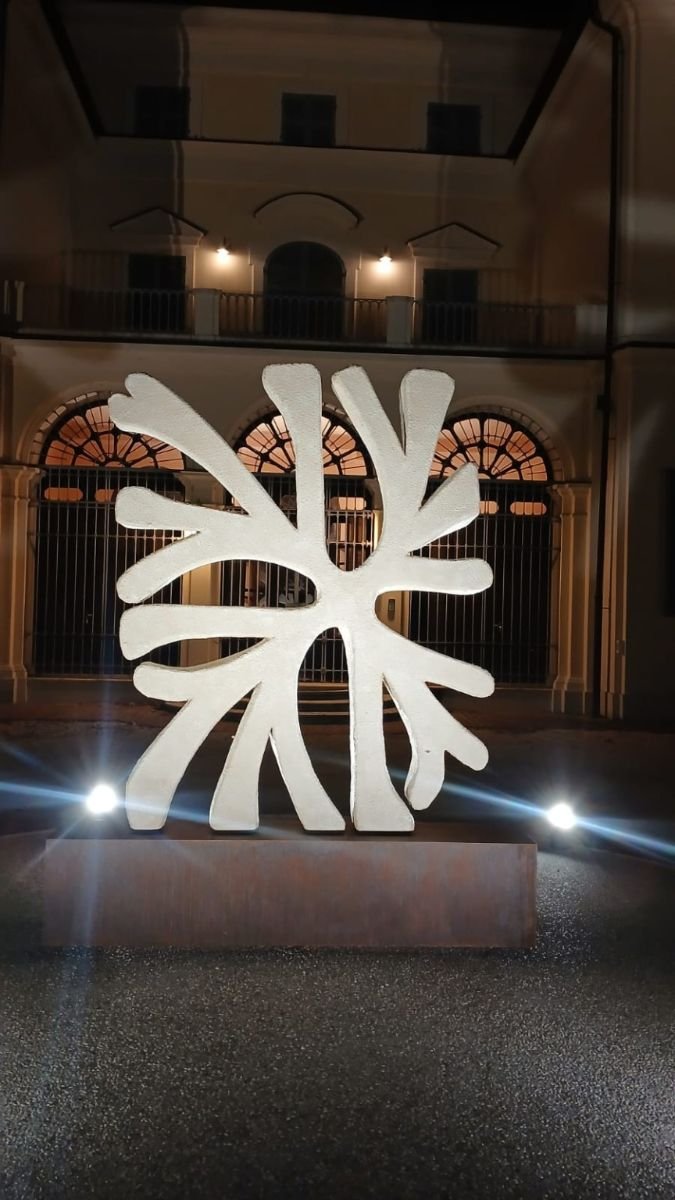 Radici in movimento illuminata di notte davanti a Villa Fassati